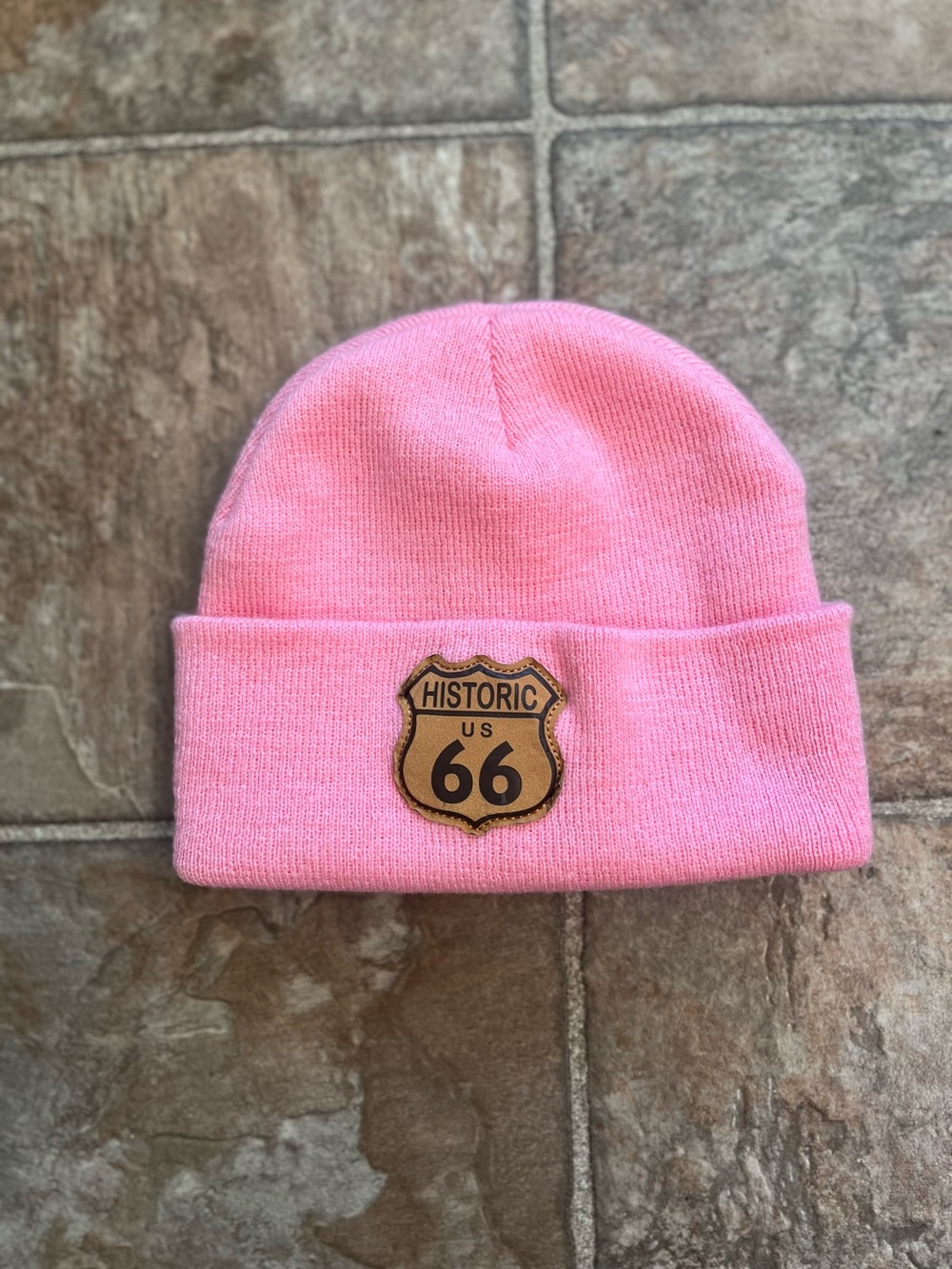 Pink Historic US 66 Route 66 Knit Beanie Hat with Leather Patch GUC